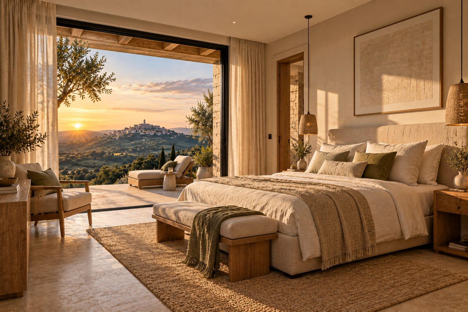 Livade Hills master bedroom overlooking the Istrian landscape