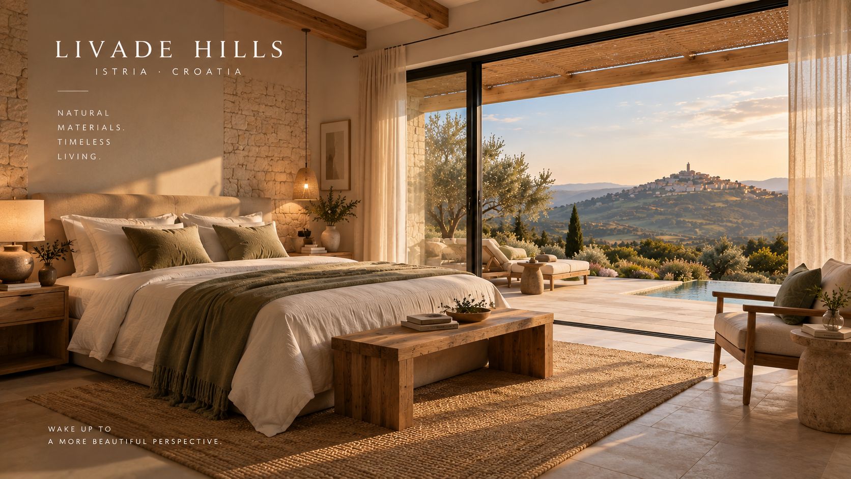 Livade Hills villa living room and kitchen with views toward Motovun