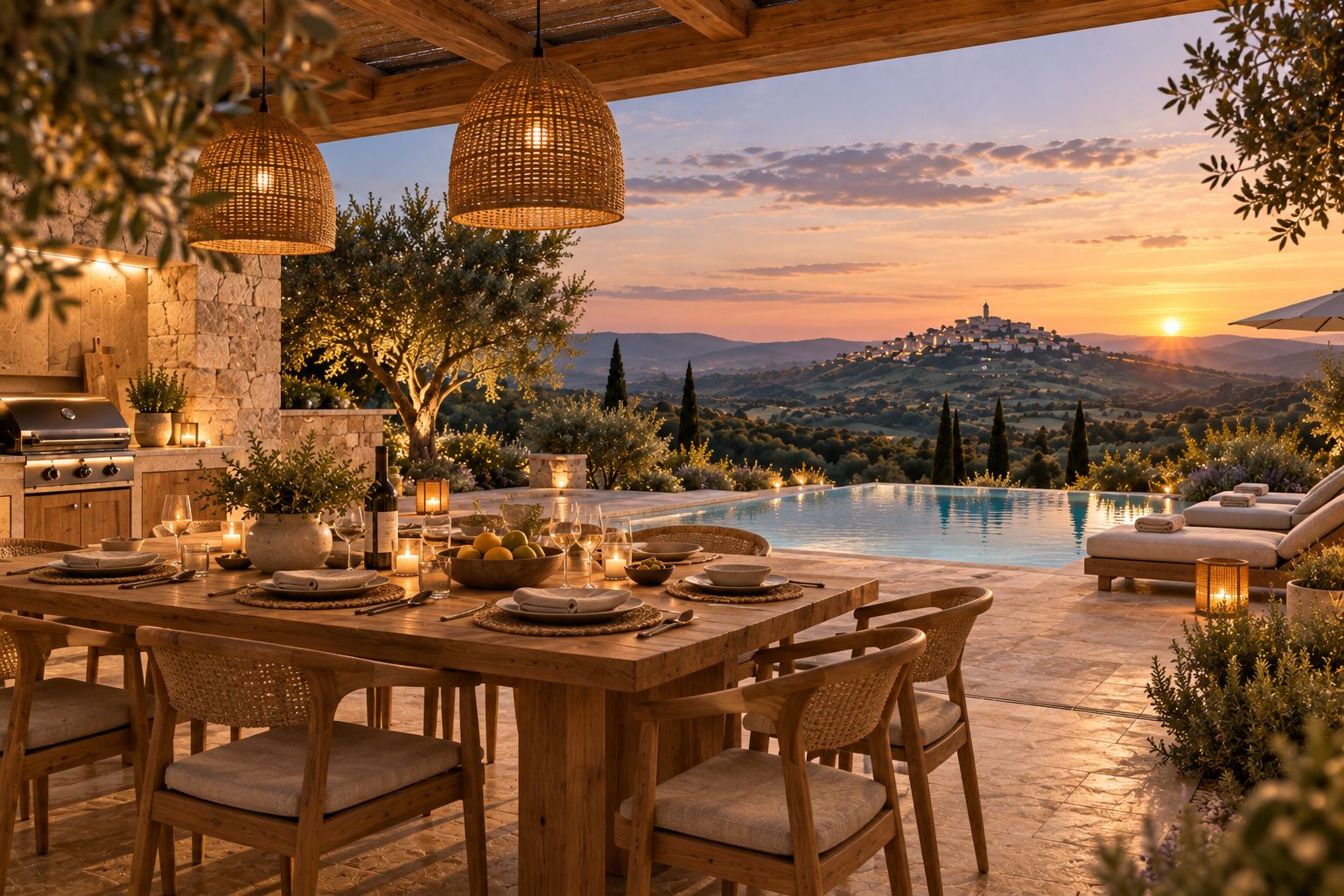 Livade Hills villa terrace and pool at sunset